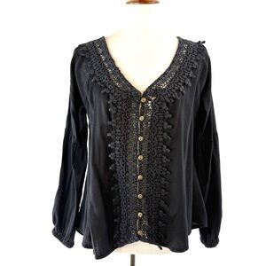 O'NEILL Black Lace Front Button Down Long Sleeve Blouse